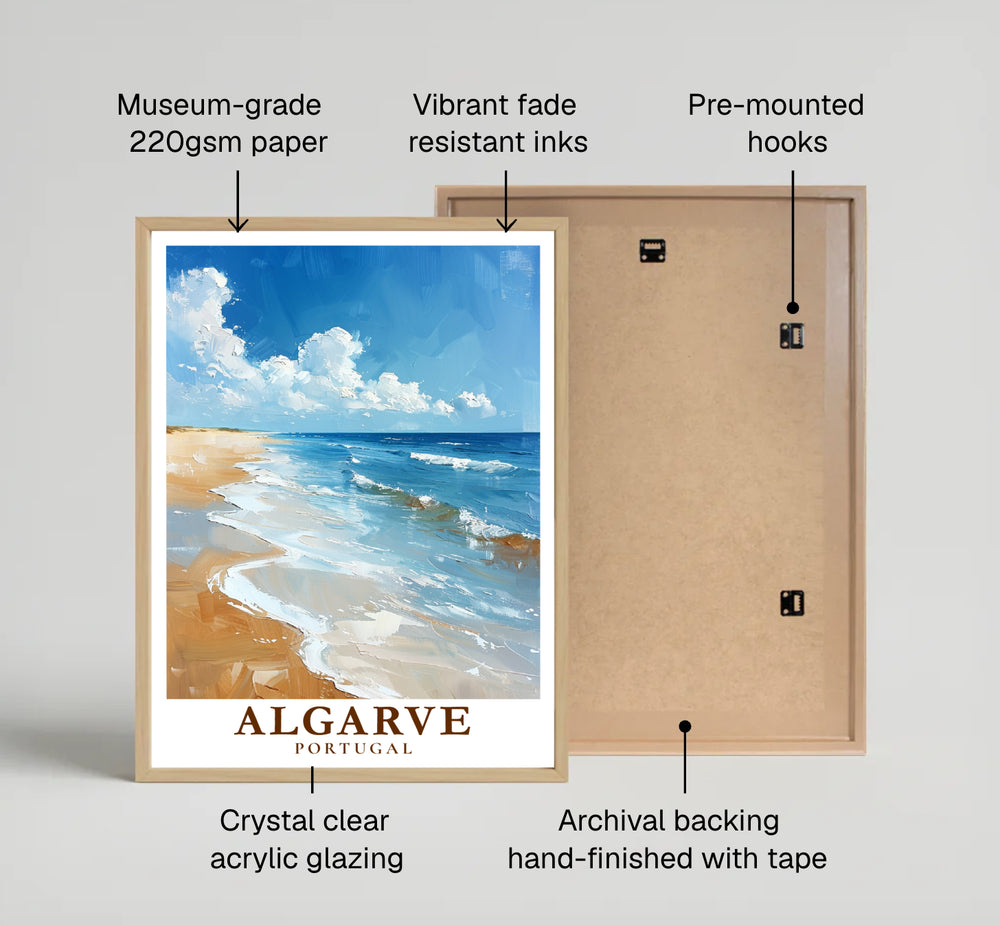 A soft foam tide meets warm ochre shorelines along Algarve Beach, Portugal in this impressionist art print. Discover high-quality framed, unframed, and canvas poster options at MapYourDreams to style your beach decor.