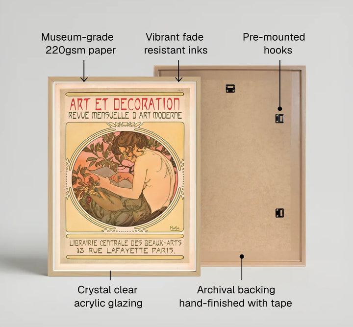 Vintage European studio art showing Art Et Decoration print by artist Alphonse Mucha inspired by classic French posters at 13 Rue Lafayette Paris. Explore ready-to-hang framed, unframed paper, and gallery canvas wall decor at MapYourDreams.