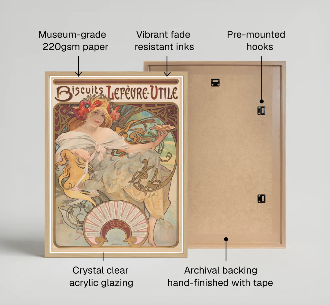 Vintage European portrait art showing Biscuits Lefevre Utile print by artist Alphonse Mucha inspired by vintage travel art in Nantes France. Explore ready-to-hang framed, unframed paper, and gallery canvas wall decor at MapYourDreams.
