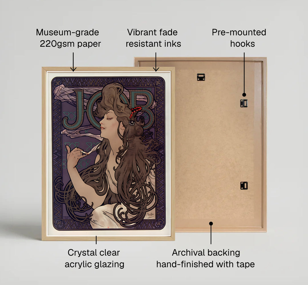 French museum exhibition poster JOB Cigarette Papers by artist Alphonse Mucha featuring an 1896 commercial lithograph in Paris France. MapYourDreams presents quality framed, unframed, and canvas print options for home decor.