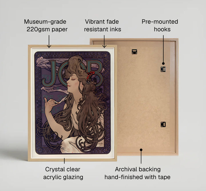 French museum exhibition poster JOB Cigarette Papers by artist Alphonse Mucha featuring an 1896 commercial lithograph in Paris France. MapYourDreams presents quality framed, unframed, and canvas print options for home decor.