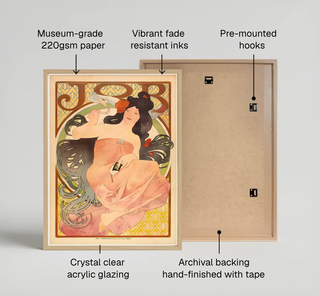Vintage European portrait art showing JOB Cigarette Papers print by artist Alphonse Mucha inspired by vintage travel art at Boulevard Saint-Michel Paris. Explore ready-to-hang framed, unframed paper, and gallery canvas wall decor at MapYourDreams.