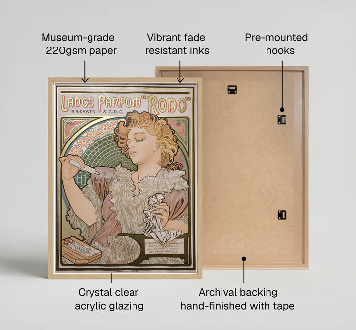 Serene Art Nouveau print Lance Parfum Rodo by artist Alphonse Mucha from 1896 French advertising series in Paris France for bedroom wall decor. Select framed, unframed poster, or gallery canvas choices at MapYourDreams.