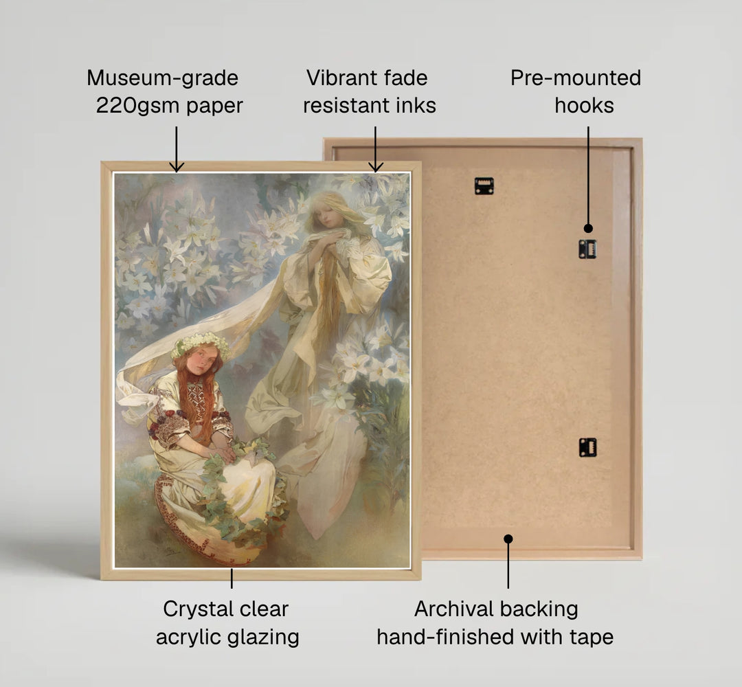 Classic Symbolist portrait print Madonna Of The Lilies by artist Alphonse Mucha depicting an ethereal garden of blooming lilies set in Prague Bohemia. MapYourDreams provides custom fine art framed, unframed, and canvas print formats.