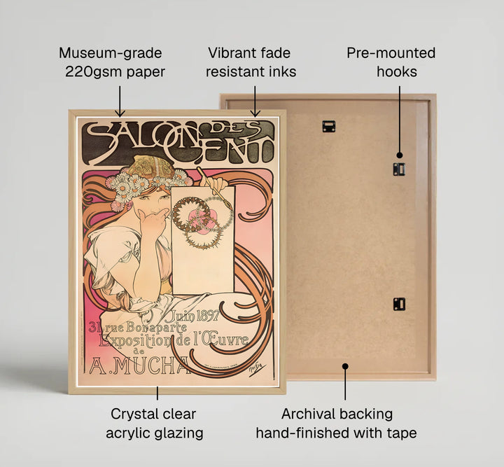 Vintage Art Nouveau portrait poster Salon Des Cent by artist Alphonse Mucha showcasing a maiden holding a stylus at 31 Rue Bonaparte Paris. MapYourDreams offers custom fine art framed, unframed, and canvas print formats.