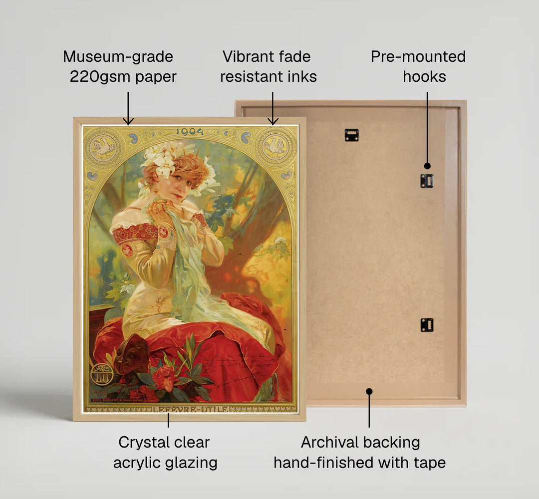 Fine art portrait poster of Sarah Bernhardt wearing white lilies by artist Alphonse Mucha in Paris France, featuring options for unframed fine art paper, wrapped canvas, or framed wall decor at MapYourDreams.