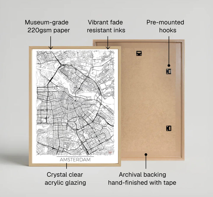 Monochrome cartography poster illustrating the complete street grid of Amsterdam Netherlands with clean typography, available from MapYourDreams where customers can select between premium unframed paper posters, gallery wrapped canvas, or custom framed options for entryways.
