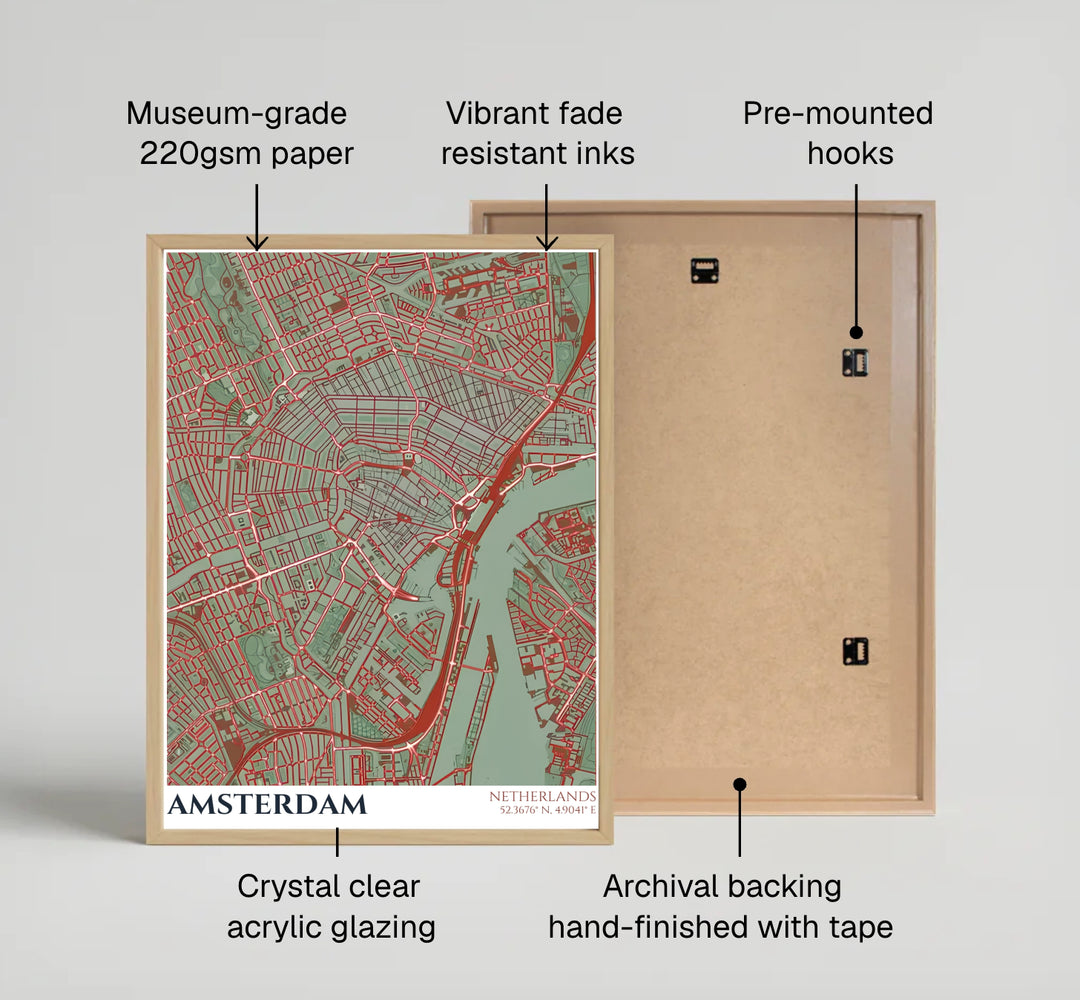 Muted color cartography poster illustrating the complete street grid of Amsterdam Netherlands with clean typography and coordinates, available from MapYourDreams where customers can select between premium unframed paper posters, gallery wrapped canvas, or custom framed options for entryways.