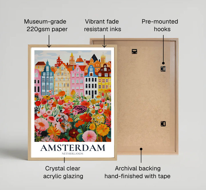 Contemporary botanical travel print showcasing the historic canal facades and vibrant flower blooms of Amsterdam, offered by MapYourDreams as a standalone unframed art print, a ready-to-hang gallery canvas, or a custom framed wall display tailored for grandmillennial interior aesthetic.
