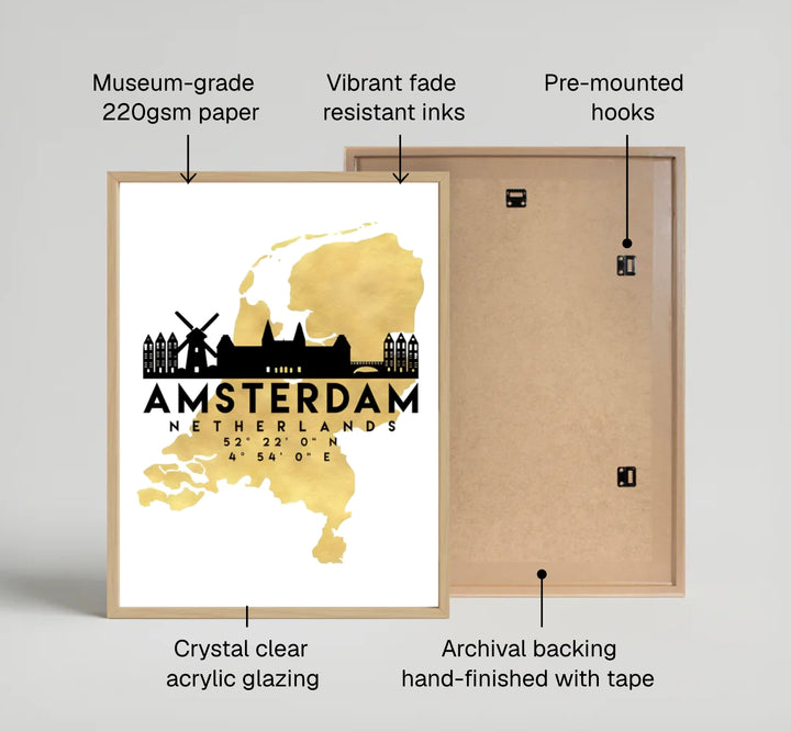 Glamorous travel poster illustrating a gold map of the Netherlands with an overlay of the Amsterdam skyline, Rijksmuseum, and canal bridge, available from MapYourDreams where customers can select between premium unframed paper posters, gallery wrapped canvas, or custom framed options.