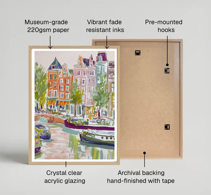 Impressionist travel poster illustrating a quiet canal scene with soft pink and orange buildings in Amsterdam, available from MapYourDreams where customers can select between premium unframed paper posters, gallery wrapped canvas, or custom framed options for entryways.