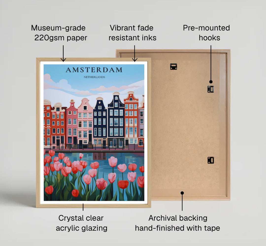 Graphic travel poster illustrating a bright tulip garden along the canal ring in Amsterdam Netherlands, available from MapYourDreams where customers can select between premium unframed paper posters, gallery wrapped canvas, or custom framed options for welcoming entryways.