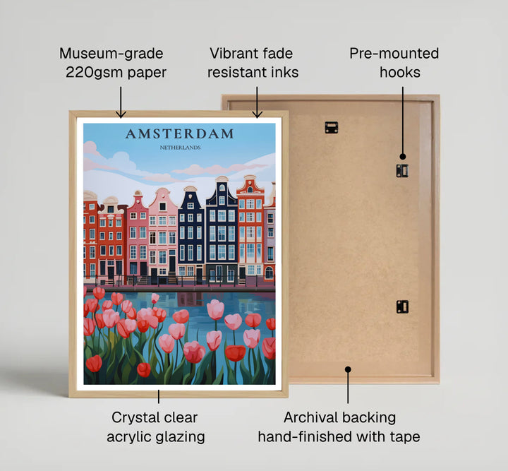 Graphic travel poster illustrating a bright tulip garden along the canal ring in Amsterdam Netherlands, available from MapYourDreams where customers can select between premium unframed paper posters, gallery wrapped canvas, or custom framed options for welcoming entryways.