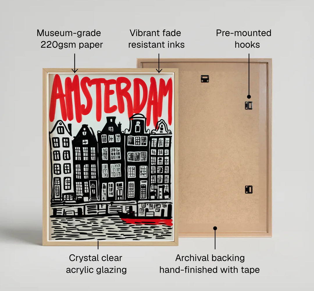 Linocut travel poster illustrating a dramatic canal front scene with expressive typography in Amsterdam Netherlands, available from MapYourDreams where customers can select between premium unframed paper posters, gallery wrapped canvas, or custom framed options for gallery walls.