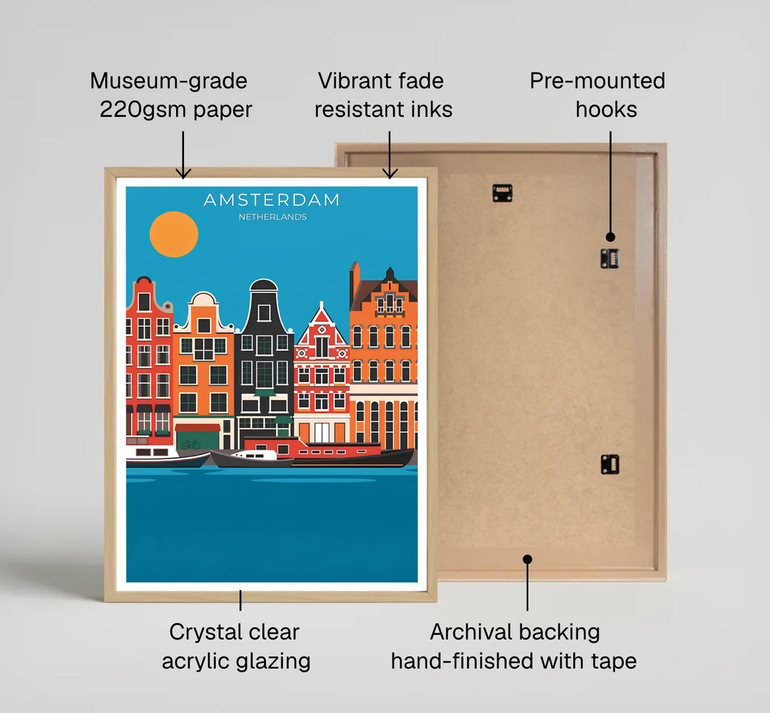 Detailed vector cityscape wall art depicting canal house gables, houseboats, and a sunlit sky in Amsterdam, available from MapYourDreams where you can opt for unframed paper prints, stretched gallery canvas, or a tailored custom framed wall display for creative office spaces.
