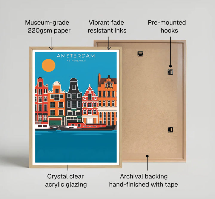 Detailed vector cityscape wall art depicting canal house gables, houseboats, and a sunlit sky in Amsterdam, available from MapYourDreams where you can opt for unframed paper prints, stretched gallery canvas, or a tailored custom framed wall display for creative office spaces.