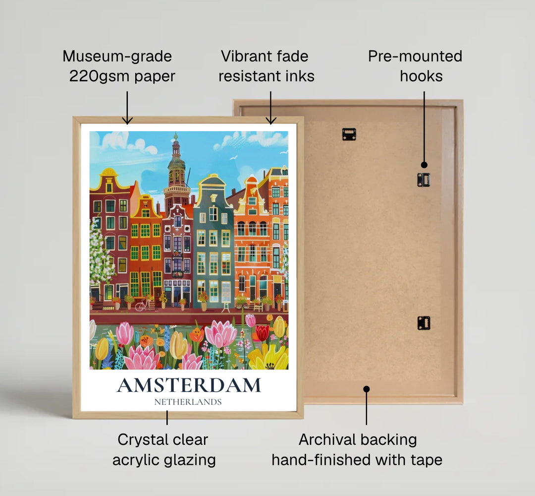 Romantic Dutch garden print of an Amsterdam canal scene rendered in vibrant painterly brushwork, produced by MapYourDreams and available in three distinct formats: fine art unframed paper, stretched canvas, or custom framed decor options for cozy residential interiors.