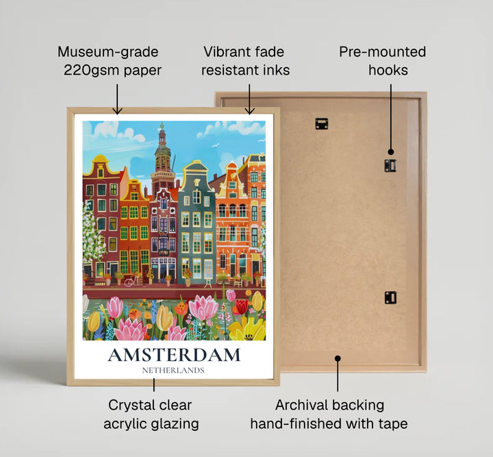 Romantic Dutch garden print of an Amsterdam canal scene rendered in vibrant painterly brushwork, produced by MapYourDreams and available in three distinct formats: fine art unframed paper, stretched canvas, or custom framed decor options for cozy residential interiors.