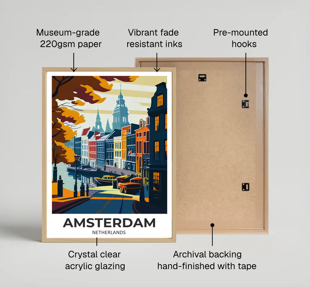 Vintage travel illustration poster depicting tranquil canal reflections, moored boats, and glowing streetlamps in Amsterdam Netherlands, produced by MapYourDreams with available options for an unframed poster print, museum gallery canvas, or custom frames in pure gold, silver, and retro black.