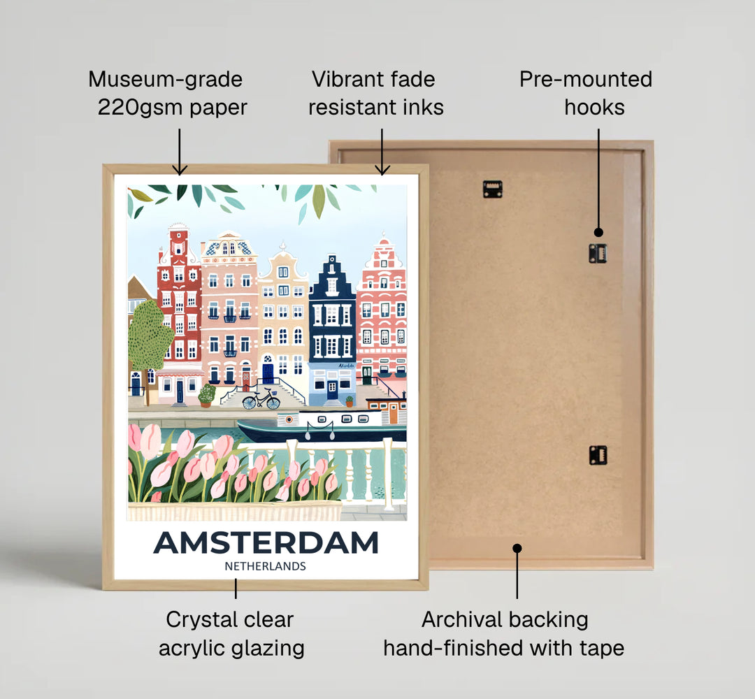 Romantic Dutch canal print of an Amsterdam streetscape rendered in gentle pastel gouache brushwork, produced by MapYourDreams with available product options including fine art unframed paper, stretched canvas, or custom framed decor to suit soft, welcoming residential interiors.