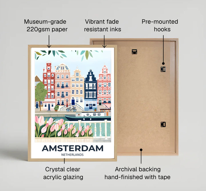 Romantic Dutch canal print of an Amsterdam streetscape rendered in gentle pastel gouache brushwork, produced by MapYourDreams with available product options including fine art unframed paper, stretched canvas, or custom framed decor to suit soft, welcoming residential interiors.