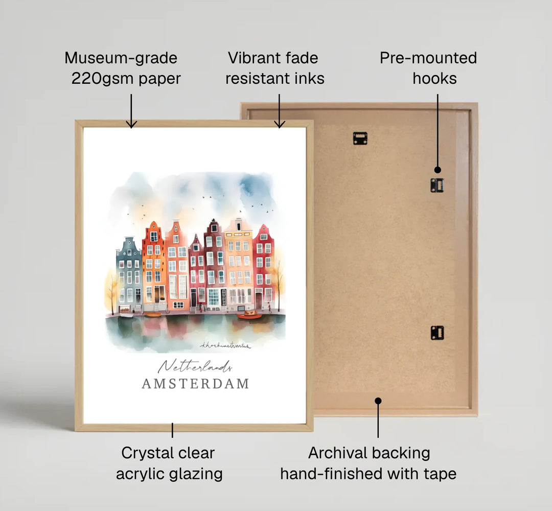 Expressive watercolor travel poster featuring gabled architecture, water reflections, and script lettering in Amsterdam Netherlands, produced by MapYourDreams with available options for an unframed poster print, museum gallery canvas, or custom frames in pure gold, silver, and retro white.