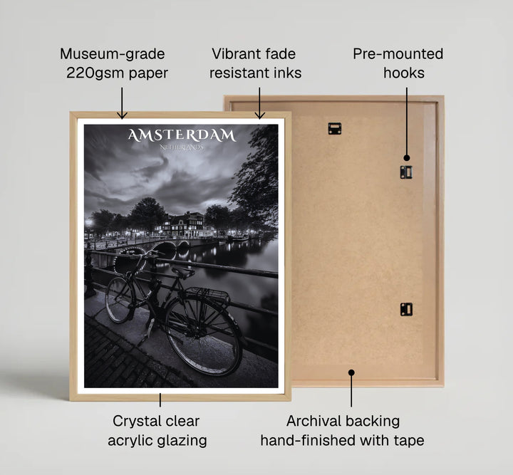 Black and white travel photo poster featuring peaceful water reflections, bridge lights, and a vintage bicycle in Amsterdam Netherlands, produced by MapYourDreams with available options for an unframed poster print, museum gallery canvas, or custom frames in pure gold, silver, and retro black.
