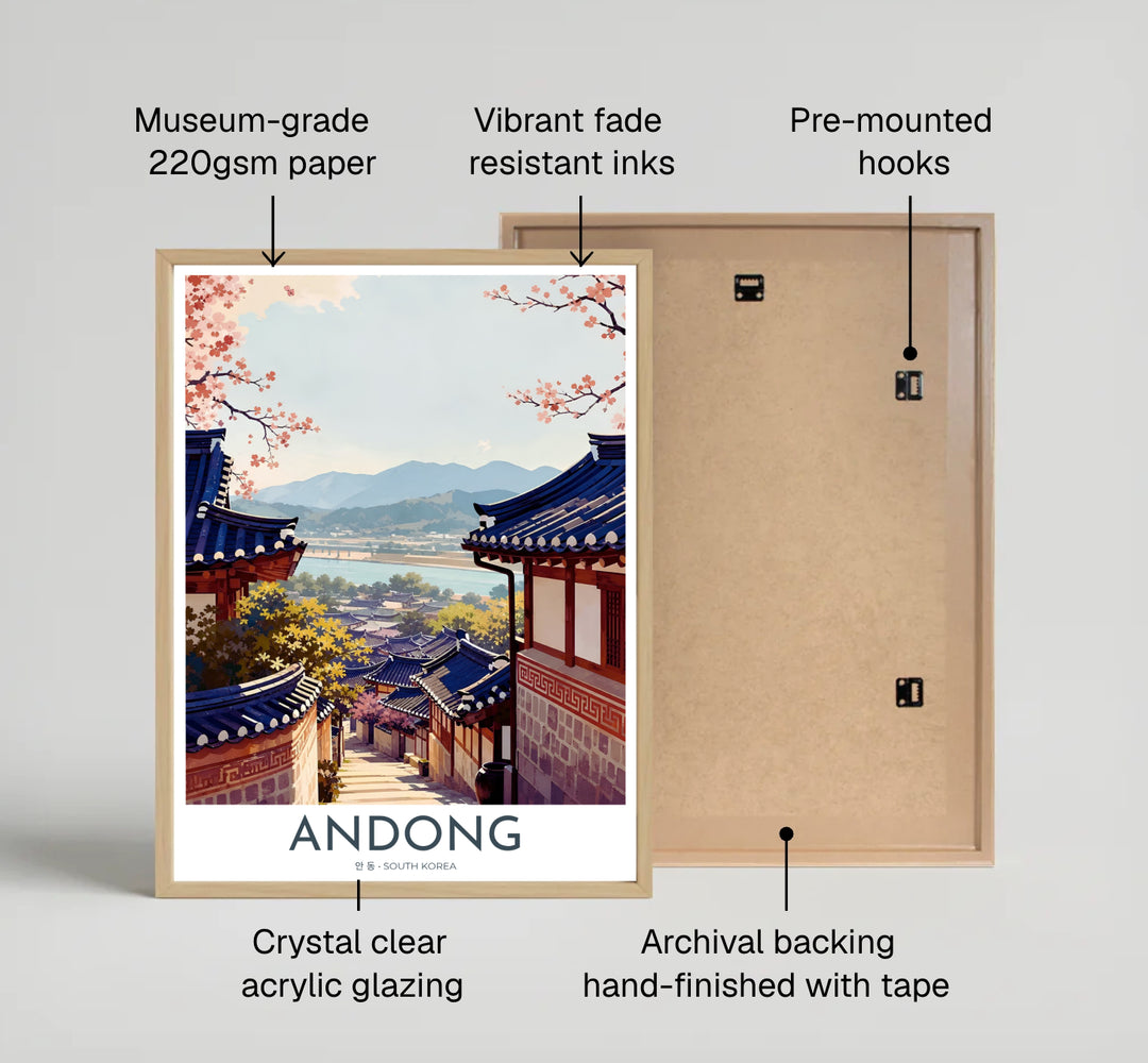 High-contrast vector print of Andong, South Korea, showcasing intricate timber framing, clay-tiled rooftops, and stone walls along a village path in Hahoe Folk Village. Offered by MapYourDreams, this artwork is available in flexible options including unframed paper, custom wooden frames, and gallery canvas wraps.