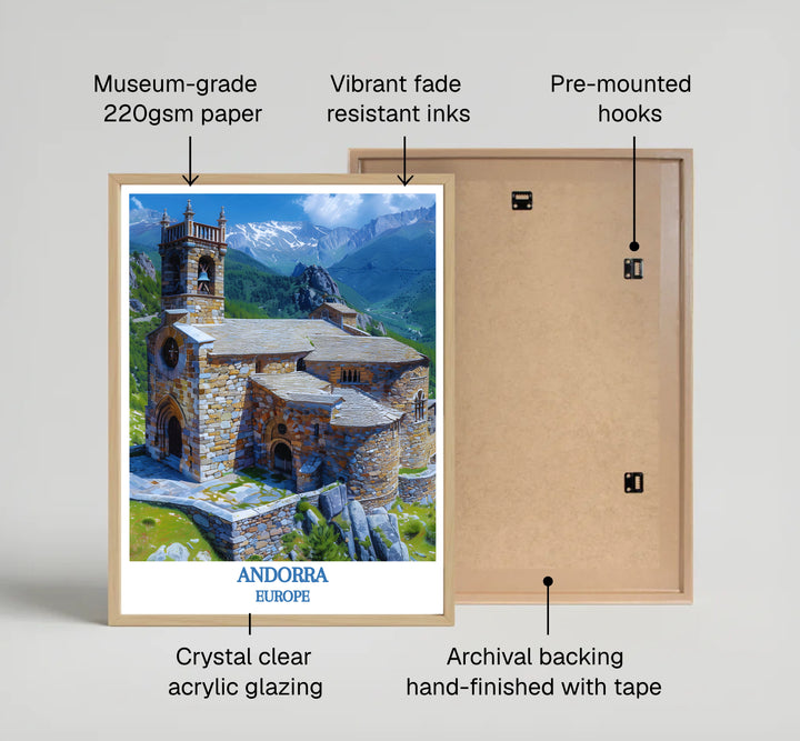 Lombard bell tower and stone masonry of Sant Joan de Caselles Church in Andorra star in this alpine print. Discover high-quality framed, unframed, and canvas poster options at MapYourDreams for decor.