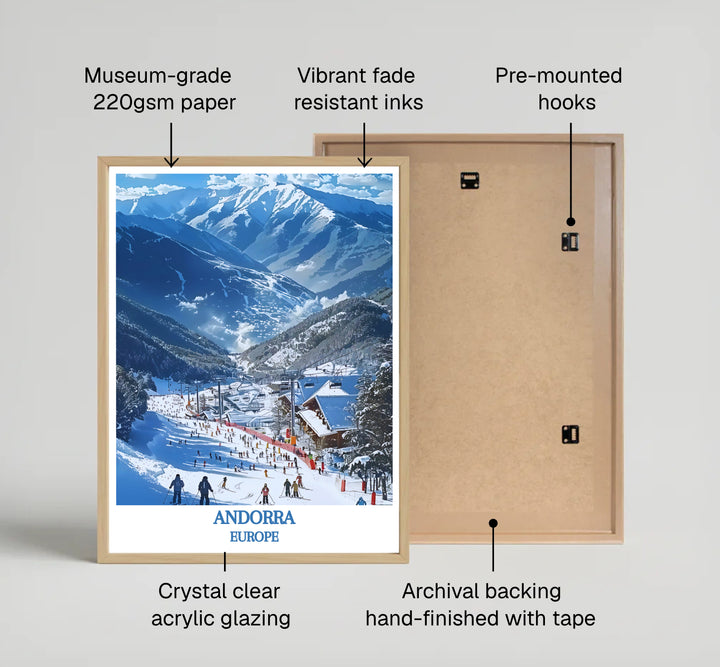 Soaring snow-capped Pyrenees mountains backdrop the Vallnord Ski Resort in Andorra in this alpine print. Discover archival framed, unframed, and canvas poster options at MapYourDreams to style your home decor.