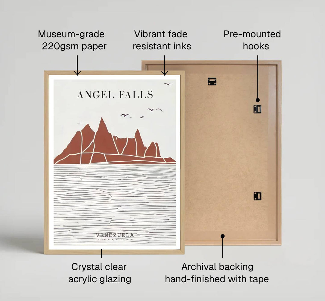 Fine art nature poster featuring margin serif typography reading ANGEL FALLS VENEZUELA with precise coordinates. Available directly from MapYourDreams, this print comes in versatile mediums including roll-packed paper, custom frames, or canvas wraps.