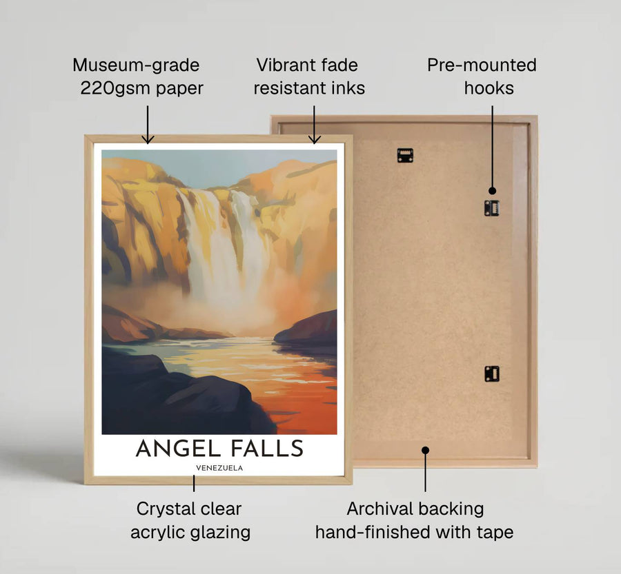 Fine art travel poster featuring clean margin headers reading ANGEL FALLS VENEZUELA beneath a dramatic golden hour landscape painting. Available directly from MapYourDreams, this print comes in versatile mediums including roll-packed paper, custom frames, or canvas wraps.