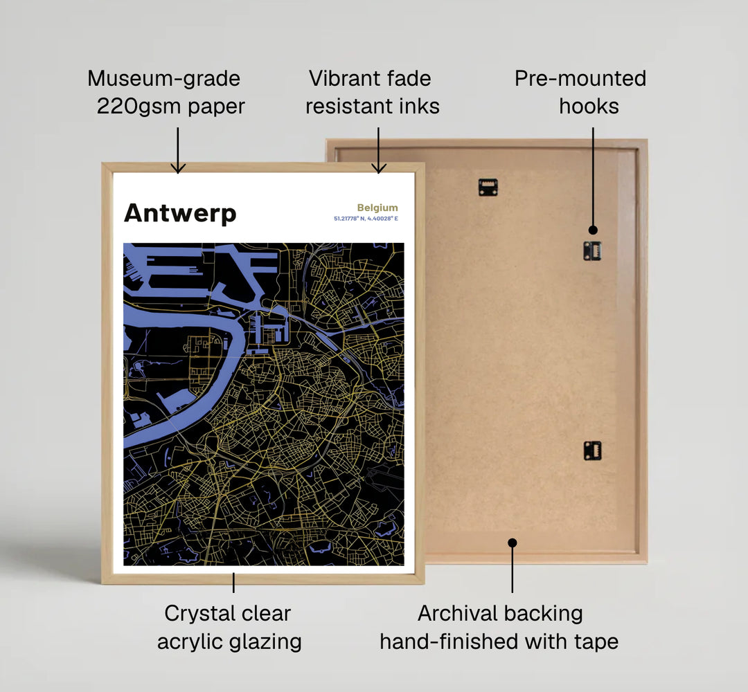 A black and gold map art print capturing the roadways, port basins, and surrounding districts of Antwerp, Belgium in a sophisticated modern cartographic style. You can order this artwork as an unframed paper poster, custom-framed print, or gallery wrapped canvas wrap.