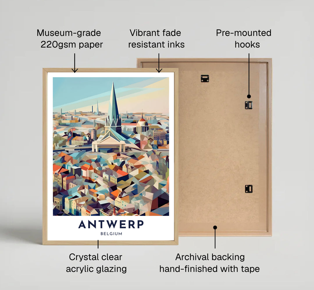 A colorful skyline map print depicting the urban landscape of Antwerp, Belgium, with geometric houses leading toward a prominent Gothic church spire. Offered in flexible formats like unframed museum-quality poster paper, custom wooden frames, and gallery canvas wraps.