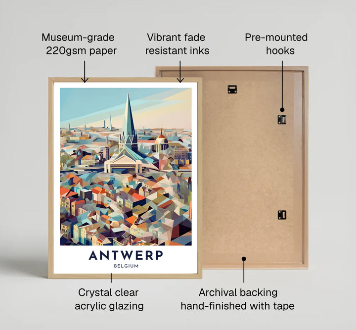 A colorful skyline map print depicting the urban landscape of Antwerp, Belgium, with geometric houses leading toward a prominent Gothic church spire. Offered in flexible formats like unframed museum-quality poster paper, custom wooden frames, and gallery canvas wraps.