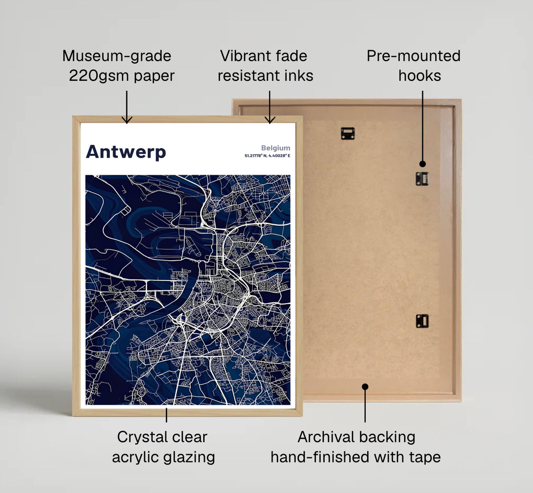 A navy blue city map art print capturing the urban roads, port channels, and outer highways of Antwerp, Belgium, in minimalist style. Offered by MapYourDreams, this artwork is available in flexible options including unframed paper, custom wooden frames, and gallery canvas wraps.