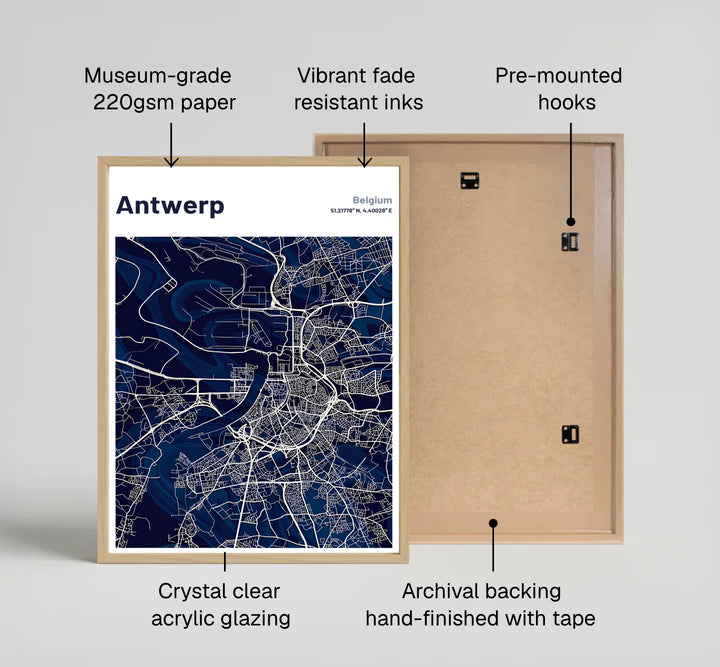A navy blue city map art print capturing the urban roads, port channels, and outer highways of Antwerp, Belgium, in minimalist style. Offered by MapYourDreams, this artwork is available in flexible options including unframed paper, custom wooden frames, and gallery canvas wraps.