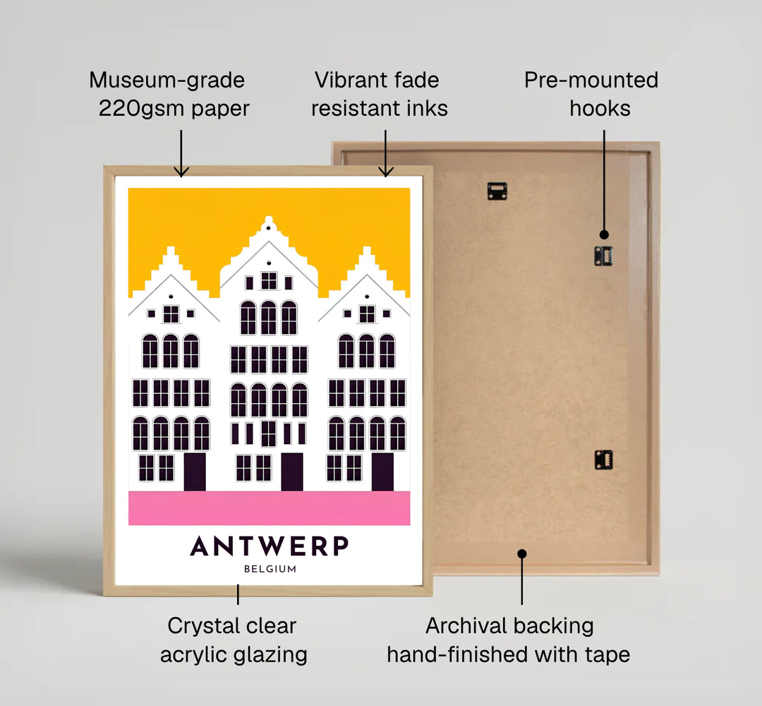 A minimalist art print capturing the iconic stepped rooftop silhouettes of Antwerp, Belgium, set beneath a bright yellow sky with a pink base strip. Offered by MapYourDreams, this artwork is available in flexible options including unframed paper, custom wooden frames, and gallery canvas wraps.