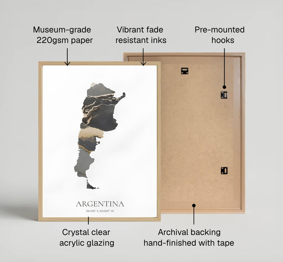 Elegant Argentina travel poster displaying a modern black and gold map graphic with southern latitude coordinates text. Offered by MapYourDreams, this artwork is available in flexible options including unframed paper, custom wooden frames, and gallery canvas wraps for contemporary art displays.