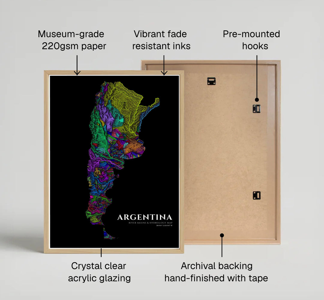Scientific river catchment map of Argentina depicted in glowing neon colors for modern office or home study decor. Available directly from MapYourDreams, this print comes in versatile mediums including roll-packed paper, custom frames, or stretched canvas wraps.