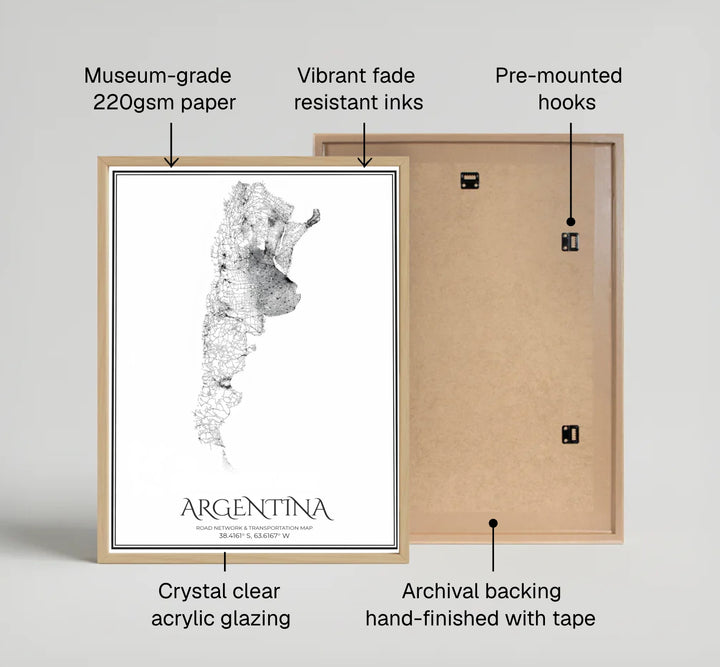 Modern black and white Argentina road infrastructure artwork highlighting major expressways and regional avenues. Handcrafted by MapYourDreams, customers can select from convenient options like unframed prints, ready-to-hang wooden frames, or gallery canvas wraps.