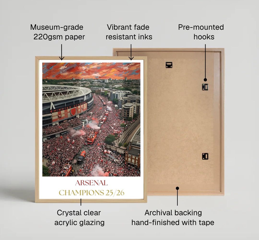 Aerial view art print of thousands of fans celebrating Arsenal victory in Islington outside Emirates Stadium under a sunset sky, available as unframed prints, framed wall art, or canvas decor options.