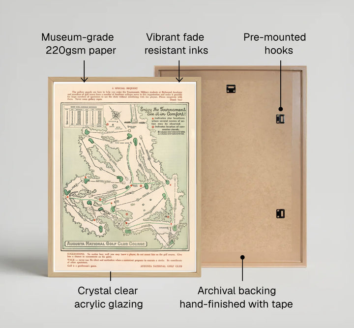 Classic golf course map wall art showing the 1954 Augusta Georgia layout framed by elegant black borders. Offered by MapYourDreams, this artwork is available in flexible options including unframed paper, custom wooden frames, and gallery canvas wraps for tailored home wall decor setups.