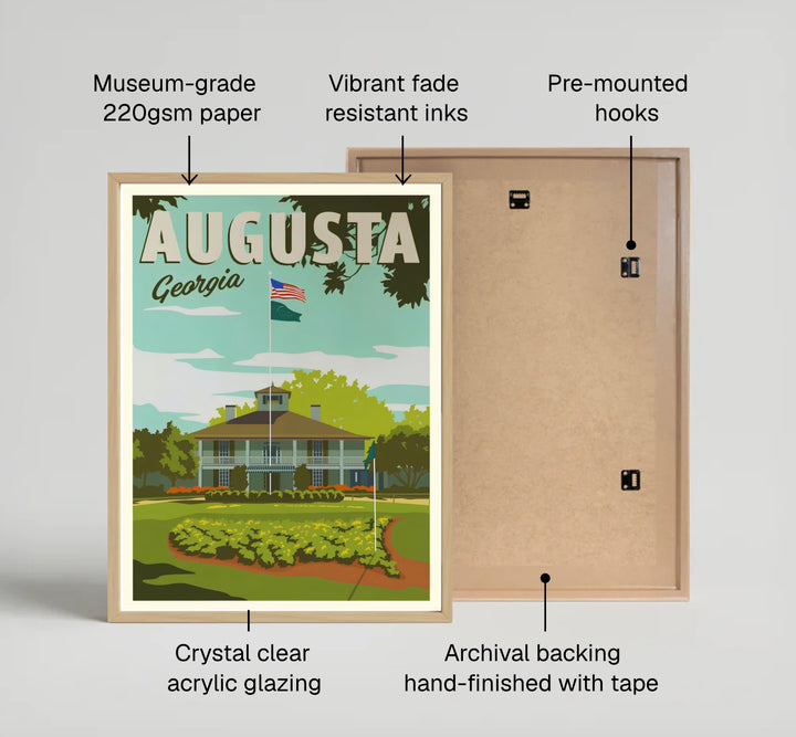 Classic Augusta Georgia golf wall art depicting the historic Founders Circle map layout in bright yellow and green foliage. Offered by MapYourDreams, this artwork is available in flexible options including unframed paper, custom wooden frames, and gallery canvas wraps for tailored home wall decor setups.