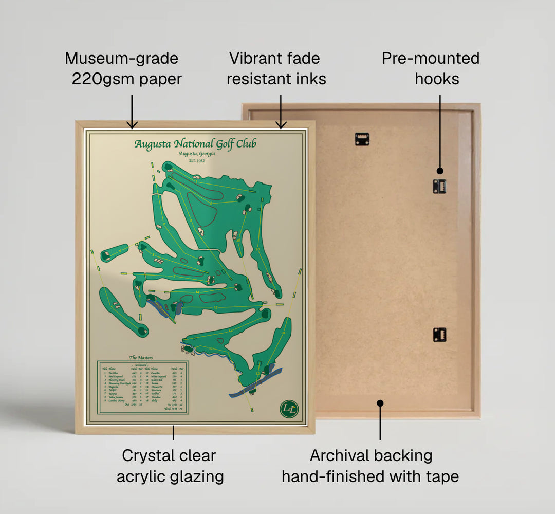Vintage Augusta Georgia golf layout wall art featuring yellow hole path markers and scorecard table. Offered by MapYourDreams, this artwork is available in flexible options including unframed paper, custom wooden frames, and gallery canvas wraps for tailored home wall decor setups.