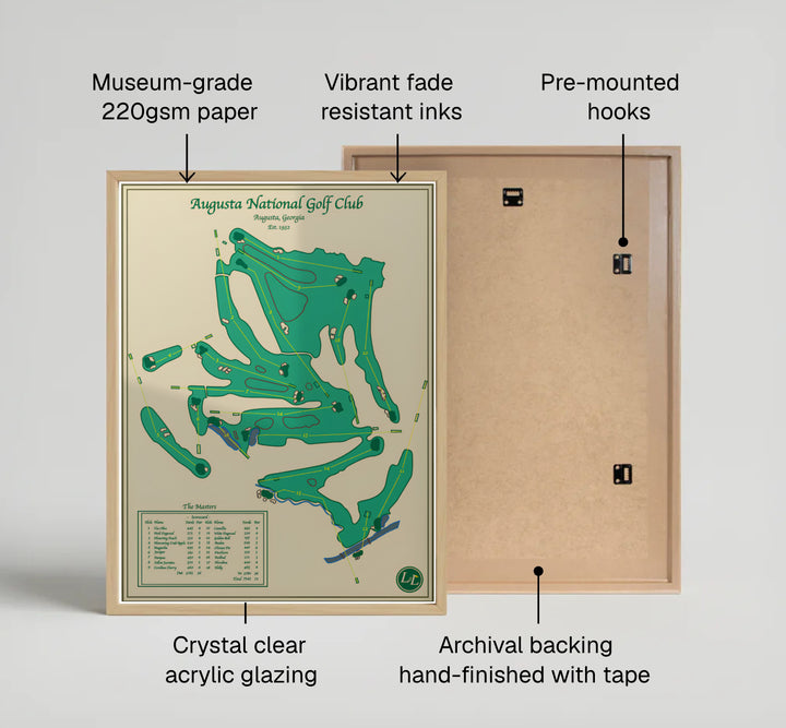 Vintage Augusta Georgia golf layout wall art featuring yellow hole path markers and scorecard table. Offered by MapYourDreams, this artwork is available in flexible options including unframed paper, custom wooden frames, and gallery canvas wraps for tailored home wall decor setups.
