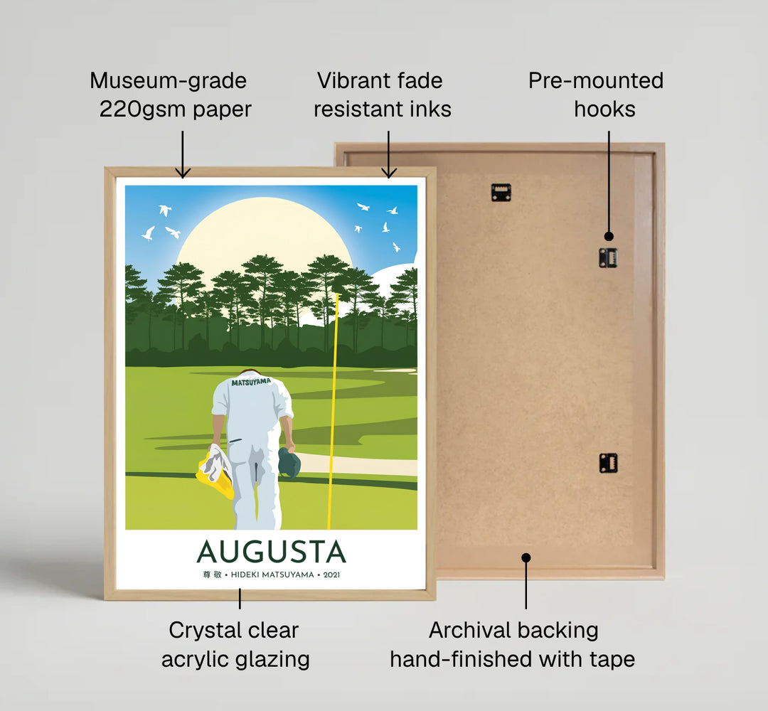 Hideki Matsuyama 2021 victory wall art depicting his caddie bowing on the 18th green at Augusta Georgia beneath tall pine trees and soaring white birds. Offered by MapYourDreams, this artwork is available in flexible options including unframed paper, custom wooden frames, and gallery canvas wraps for tailored home wall decor setups.