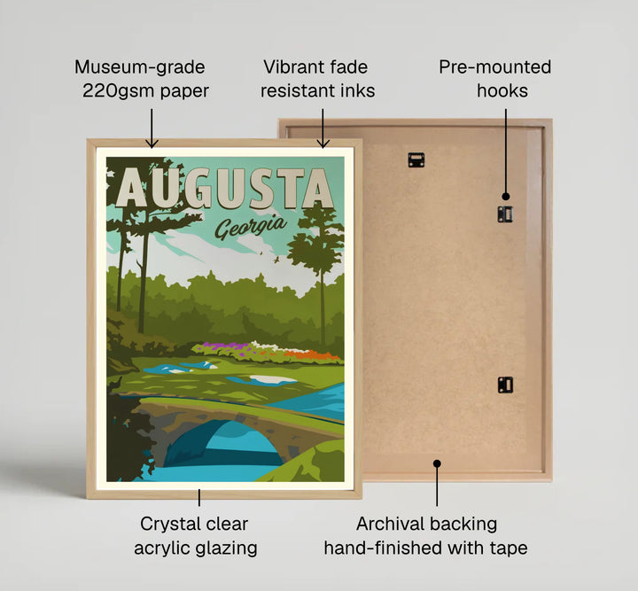 Augusta Georgia golf course artwork capturing the serenity of Golden Bell with stone bridge masonry and brilliant magenta azalea blooms. Offered by MapYourDreams, this artwork is available in flexible options including unframed paper, custom wooden frames, and gallery canvas wraps for tailored home wall decor setups.