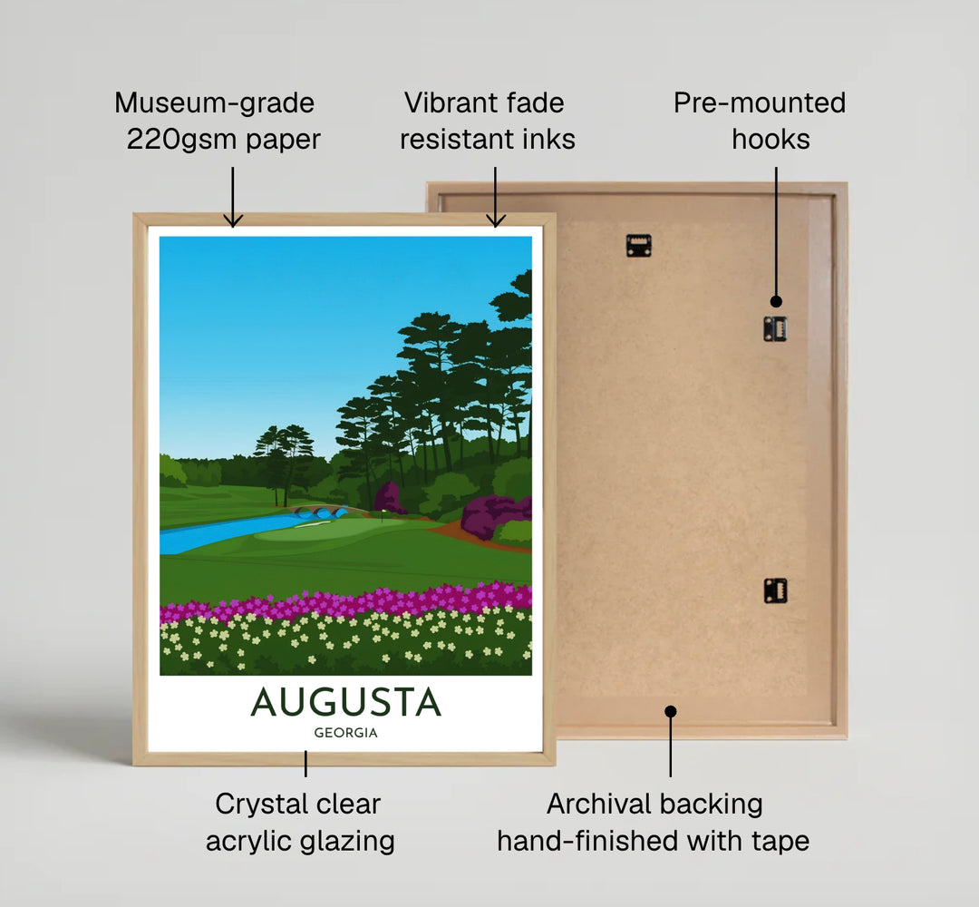 Vector style Augusta Georgia golf course poster displaying vivid purple azalea blooms and crisp white flowers flanking the tranquil waters of Rae&
