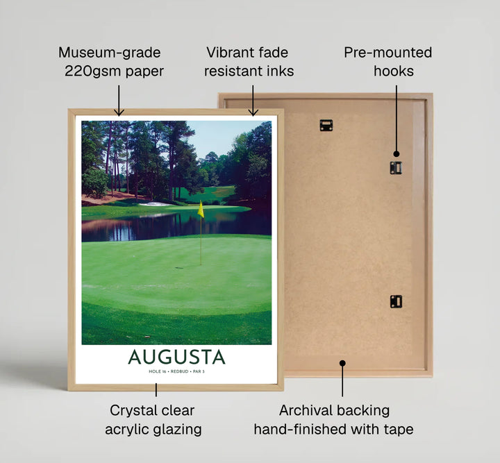 Redbud 16th hole golf artwork capturing the calm waters and famous putting slopes at Augusta Georgia with natural forest colors and vivid green turf. Offered by MapYourDreams, this artwork is available in flexible options including unframed paper, custom wooden frames, and gallery canvas wraps for tailored home wall decor setups.